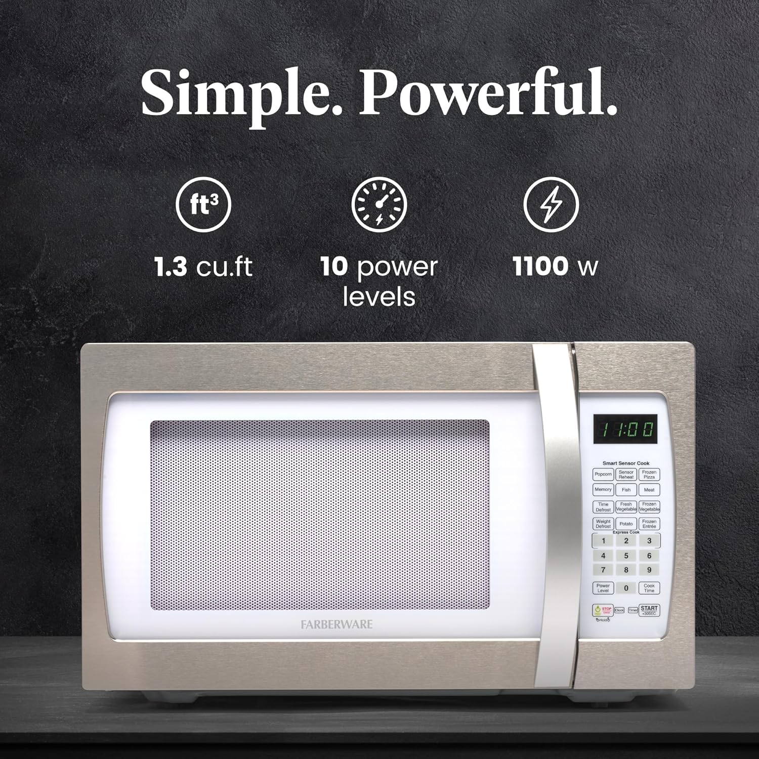 Farberware 1.3 Cu. Ft. Countertop Microwave Oven – 1100 Watts Power, Smart Sensor Auto Cook Settings, Defrost, Easy Clean and Child Safety Lock - White Platinum
